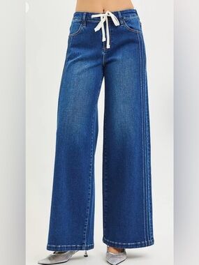 RISEN Full Size Mid Rise Wide Side Pintuck Jeans with Front Drawstring